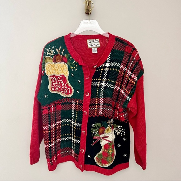 Vintage Chunky Knit Mixed Media Christmas Cardigan Sweater - Picture 5 of 16
